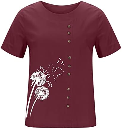 KCJGIKPOK женска блуза, цветен принт краток ракав со кружен врат преголем памучен постелнина маица обични женски плус кошули со големина