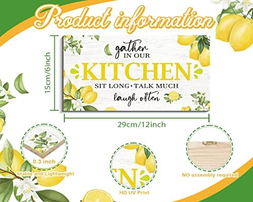 Фарма куќа знак за кујна од лимон - Соберете се во нашата кујна, се смеете често - цврсто дрво, лесно да висат, 6 x 12 инчи - шармантна кујна