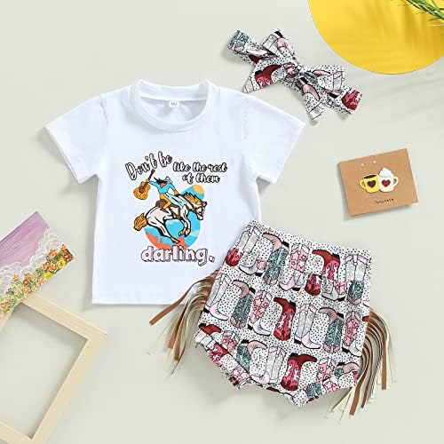 Облеката за западните девојки од Bingqiling поставува новородена летна облека каубојка коњска кактус маица со краток ракав+шорцеви+лента