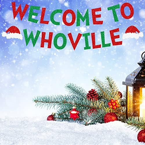 Добредојдовте на Whoville Banner, сјајни Божиќни украси Банери Зимски празник Garland Photo Props Банер за украси за домашни забави