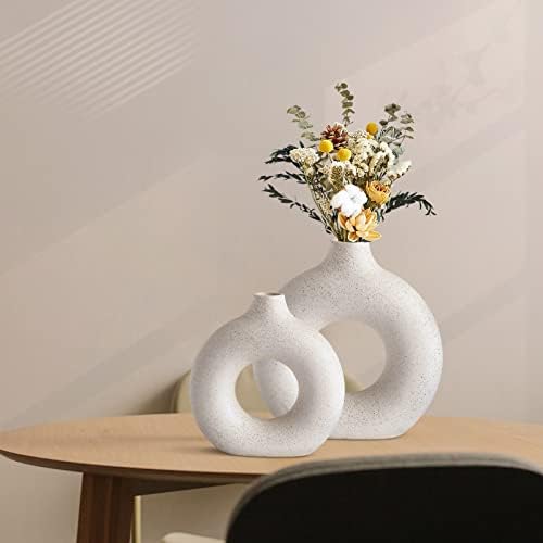 Керамички крофна вазна сет 2, вазни за модерен декор за дома, тркалезен мат пампас цвет вазни минималистички нордиски бохо инс