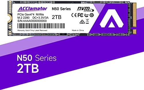 Acclamator 2TB PCIE 4X4 NVME Solid State Drive компатибилен со PS5 Прочитајте 5000 MB/S M.2 2280 3D NAND TLC N50
