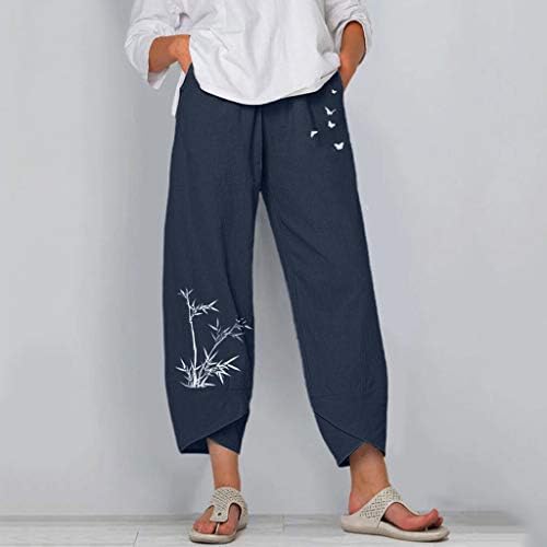 Памучни постелнини исечени панталони за жени за жени обични летни капри панталони со џебови лабави вклопени во бохо удобни панталони на плажа