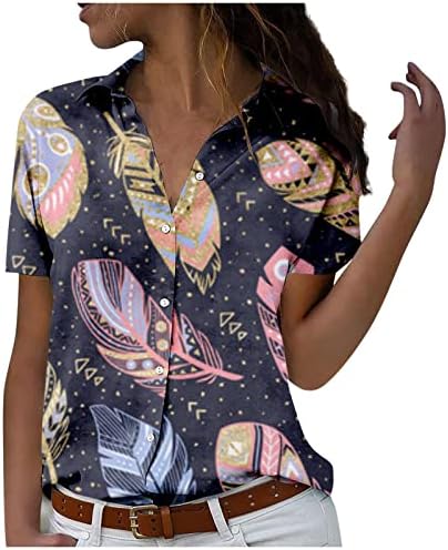Летно копче надолу кошули за жени, женски модна обична блуза со кратки ракави, печатени копчиња за маици со маици