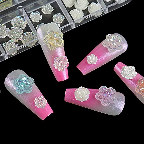 Txmoyi 48pcs 3D Цветните нокти за нокти за акрилни нокти 12 решетки холографски розови цвеќиња нокти украси на ринестон акрилик на пролет