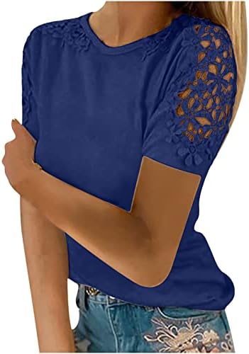 Женски симпатична чипка блуза врвна летна кратка ракав чипка шуле од обични маици со тркалезен врат темно сина