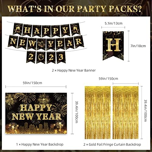 Нова Година на забавата на забавата 2023 година Комплет Среќна Нова Година Декорации 2023 Црно и злато - Банер 2023, балон, раб завеса,