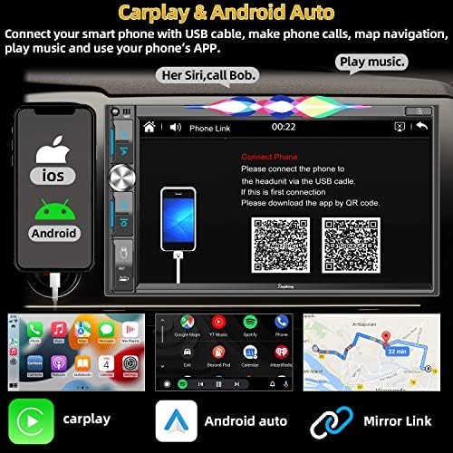 7 Двоен Дин Автомобил Стерео Со Carplay И Android Auto, HD Екран На Допир Автомобил Радио Со Bluetooth, Сабвуфер, Огледало Линк, Контроли