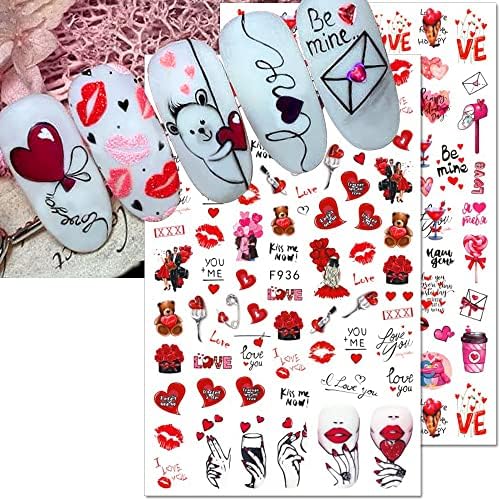 3Д налепници за нокти на в Valentубените, цртани филмови за срцев нокти налепници за ласерски црвени в Valentубени Денот на ноктите секси дама