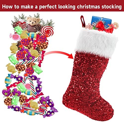 Bewico Божиќни чорапи 20 ”Sequin Sparkle сјај со голема канбела манжетна класична камин украси за дрво што висат украс за Божиќната