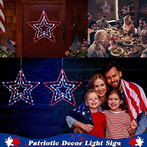 4 -ти јули Ден украси Светла, 14,2 инчи Американско знаме 3 starвездени светла Патриотски украси со 70 LED 8 режим USB црвено сино бело