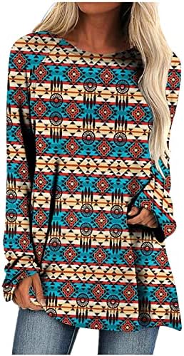 Долги кошули на Ацтеките за жени западни етнички графички врвови за туника да ги носат со хеланки со долг ракав лабав фит блуза врв
