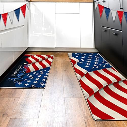 Опашка 4 -ти јули Бог да ја благослови Америка Патриотска декоративна кујна килими сет од 2, американско знаме против замор кујна душек