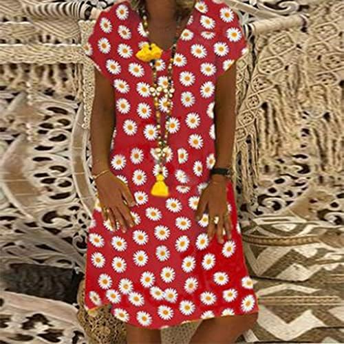 Летни фустани на wpoumv за жени цветни печати V-вратот со краток ракав фустан плус големина обичен миди фустан трендовски лабав фустан на плажа