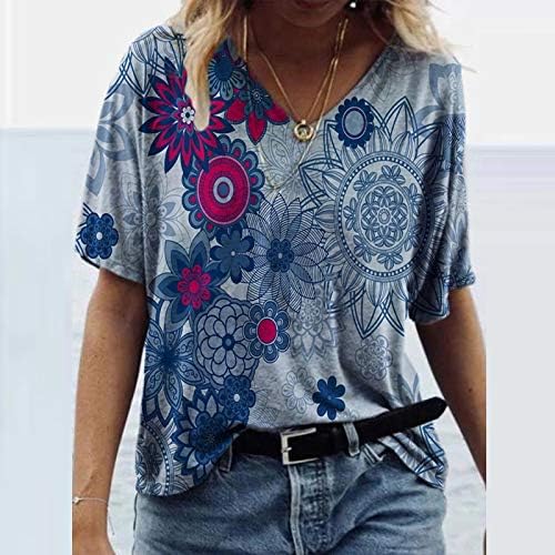 Женски летни маица со кратки ракави со кратки ракави, симпатични печатени маички со блуза, обични врвови на лабава графички маички