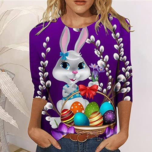 Велигденска кошула за зајаче за жени Симпатични печатени врвови со долги ракави маички 3/4 ракави кошула тешка тема за жени