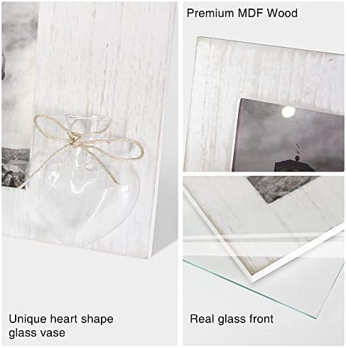 Takfot 4x6 Рамка за слика потресена бела, 3 биро фото рамки со вазна во форма на срце за канцелариски украс, мулти -фото -колаж