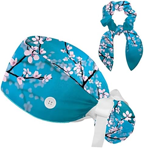 Медицински капачиња Прилагодливо работно капаче со копчиња и лакови за коса, јапонски сакура цвеќиња цреша цвет