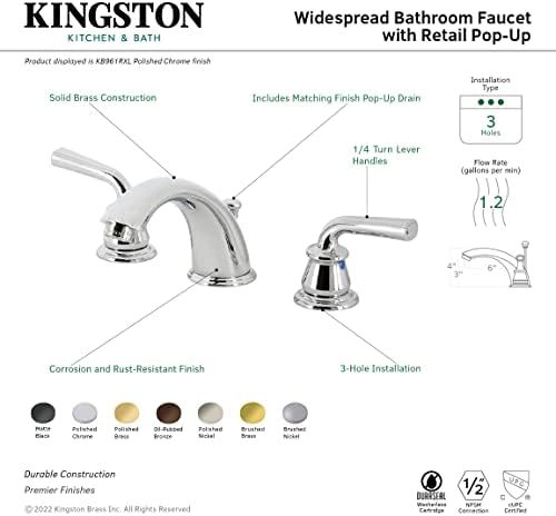 Кингстон месинг KB960RXL Реставрација широко распространета тапа за бања со pop-up drience, мат црна боја