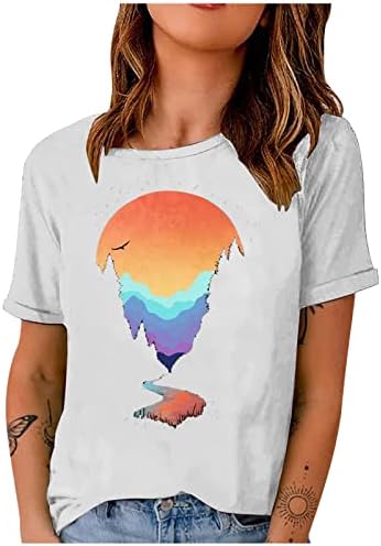Кошули за сонце за жени со кратки ракави кошула со екипаж, симпатична сонце графичка мета смешна печатена маичка маица