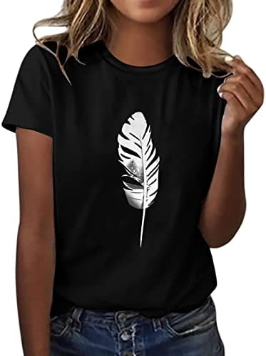 Womanена со долги ракави кошули женски летни врвни обични пердуви печати маица мода лабава кратки графички маици за