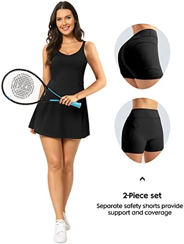 Женски тениски фустани со 4 џебни атлетски фустан со вграден градник и одвоени шорцеви