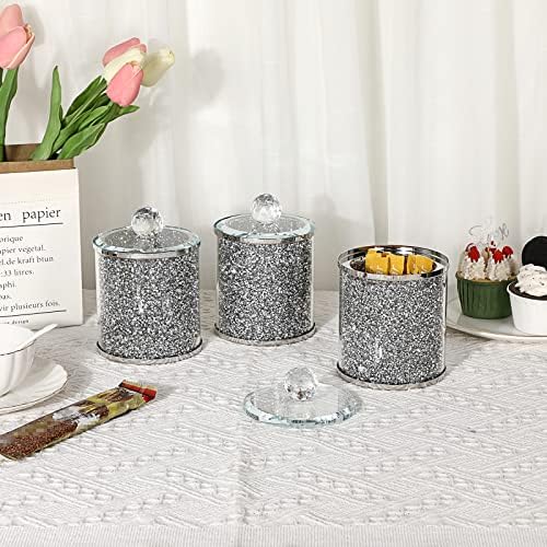 Комплет со 3 искрини стакло кршени дијаманти Канистри поставени за чај од шеќер кафе, луксузни контејнери за складирање во стил