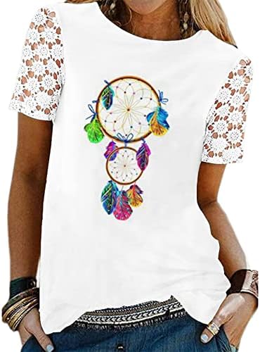 Валентин кошула за жени шуплива чипка со кратки ракави екипаж гроздобер графички мачки за соништа, основни бели врвови на туника