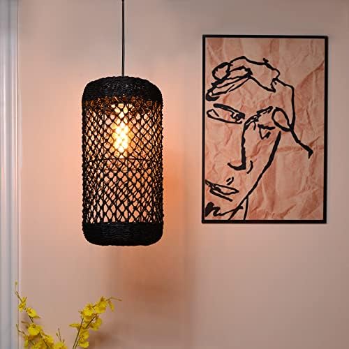 ArtureSthome Boho Rattan Pendant Light Feature, Mini Farmhouse Природно лустерот на таванот, ретро плетено виси ламба за кујнски