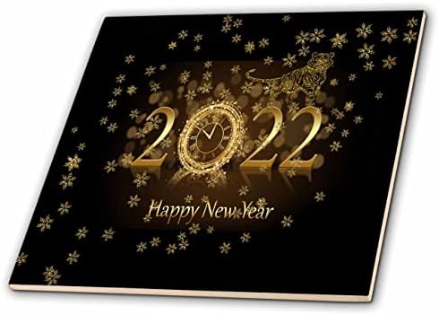 3дроза Слика На Тигар и Часовник на 2022 Година, Среќна Нова Година, Злато На Црни Плочки
