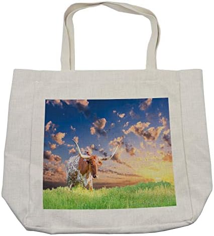 Амбесон Лонгхорн торба за купување, фотографија на женска крава во пасиште на изгрејсонце со облачно небо пејзаж печатење, еко-пријателска