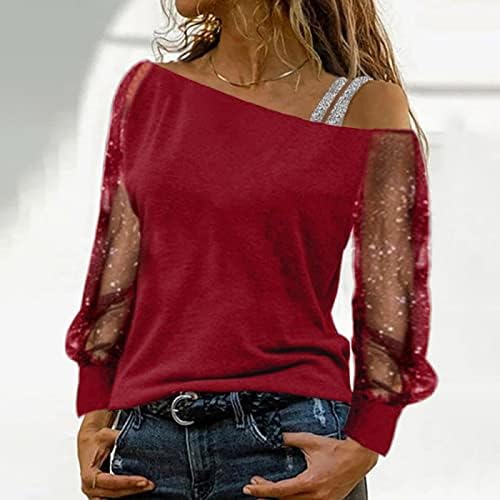 Секси мрежи со долги ракави ладни маици за рамо за жени за жени за припишување на тунични кошули, облечени случајни асиметрични роса рамо