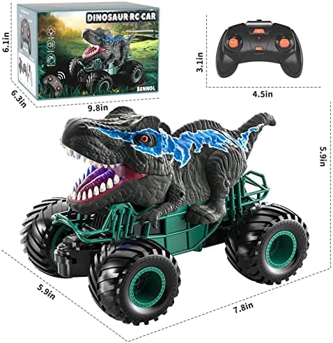 Бенол 2.4GHz далечински управувач диносаурус автомобили камиони играчки за деца момчиња, играчки за автомобили во дино со светлина,