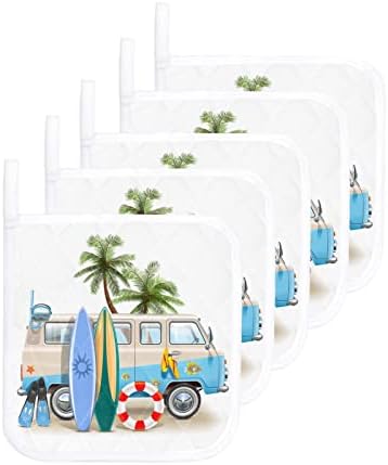 Кујнски патол сет од 5, патнички автобус со тропски палми за сурфање на палми, држачи за тенџере за тенџере, топлина, топла подлога,