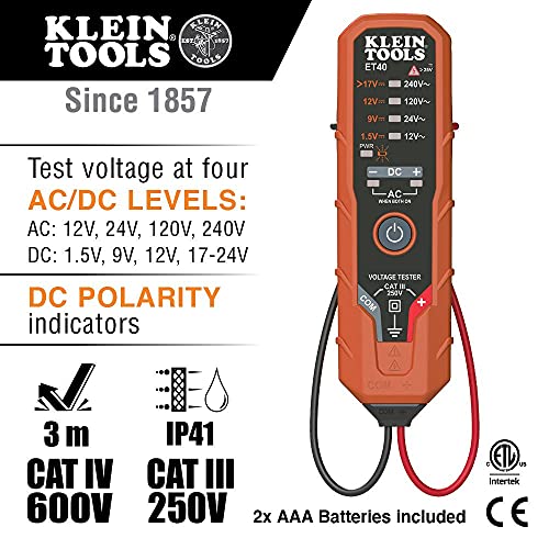 Klein Tools NCVT3P Dual Range Tester Tester Tester Tester и 80077 Тестер за напон со електронски тестер за напон на AC/DC, тестер