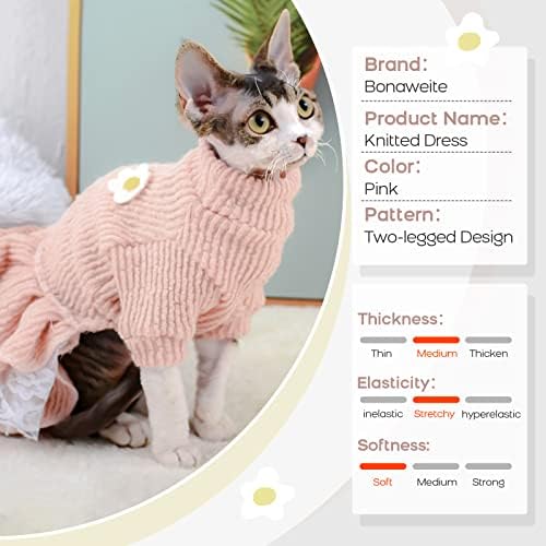 Bonaweite Sphynx без влакна мачка џемпер фустан што дише плетена облека за мачки за есен зима, миленичиња миленичиња чипка здолништа без влакна