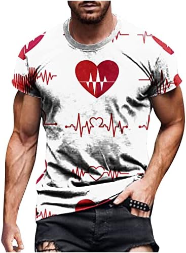Стилски кошули за мажи 3Д срцеви в Valentубени печатени кружни вратот со кратки ракави за кратки ракави, комфорна фитнес спортски врвови на врвови