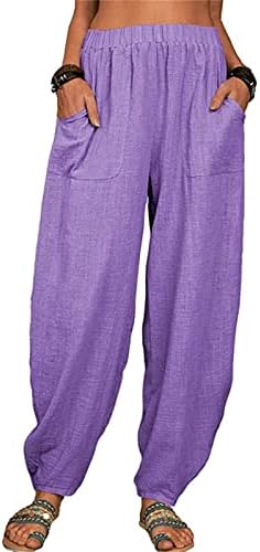 Памучни постелнини панталони женски летни хареми каприс панталони лабави вклопени јога панталони високи еластични половини долги панталони