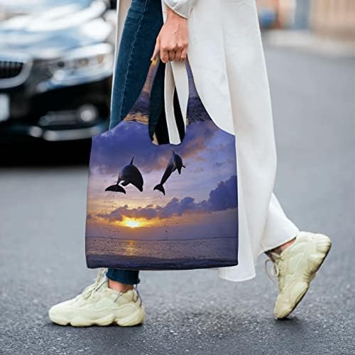 Voziti Elegant Dolphin Printed Canvas Tote Tote, еднократна торба за намирници естетска торба за торбички за торбички за шопинг,