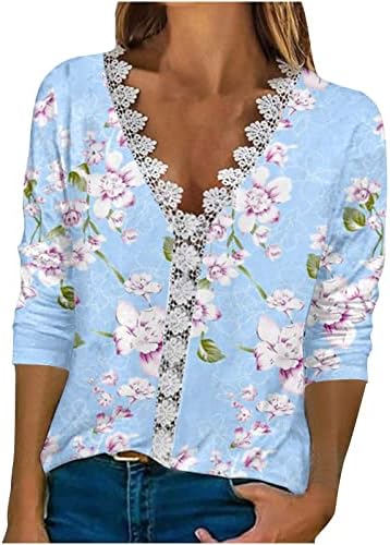 Женски летен елегантна маица против вратот од вратот од чипка кошули цветни печати 3/4 ракави, врвови на врвови 2023 година, обични блузи