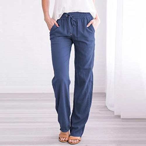 Летни обични памучни постелнини панталони за жени широки нозе панталони со џебови лабава вклопена цврста боја права панталони