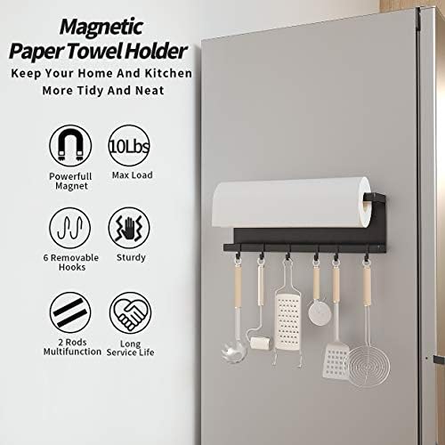 Држач за магнетна хартиена крпа за фрижидер со 6 куки, кујнски решетки за пешкир со силен магнет, магнетна хартиена крпа лента