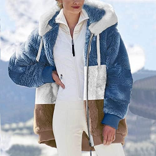 Женска нејасна руно јакна со качулка во боја, кардиган, кардигански палта со џебови патент со долга ракава надворешна облека