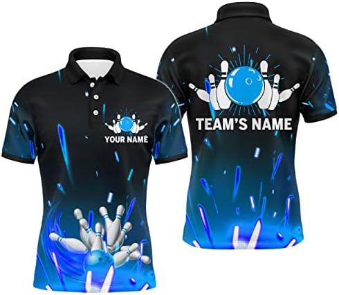 Персонализирана кошула со сина куглана за мажи и жени, маичка со пламен за куглање за тим за кратки ракави и кошула за четврт-зип