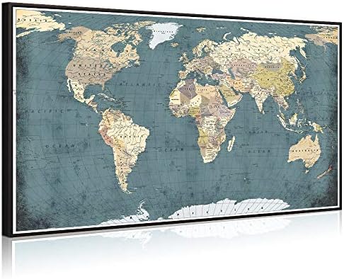 Велмеко Голем канцелариски wallид декорација Ретро детална светска мапа на платно отпечатоци со премиум црна рамка гроздобер иглички за притискање