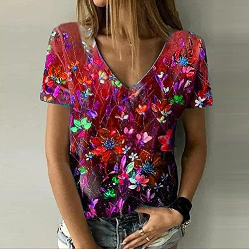 Дами кратки ракави блузи сликаат цветни графички тенок туники врвни vneck spandex летни есенски блузи 2023 um