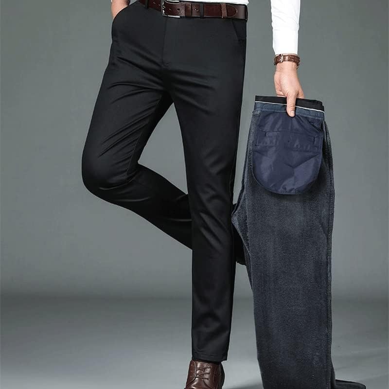 Businessимска работа на lepsjgc зимски топли панталони со цврста боја, цврста боја на влакна од влакна, задебелување панталони со руно