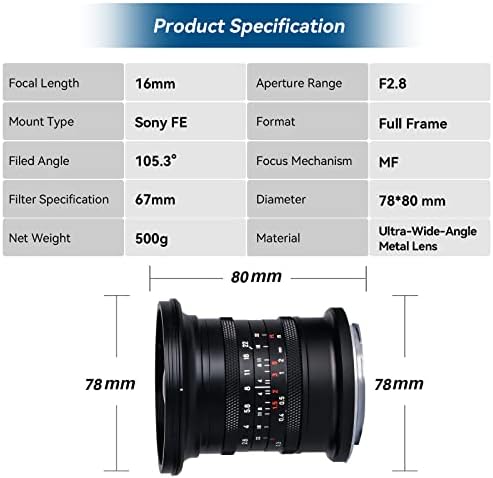 Светла Ѕвезда 16мм F2. 8 Целосна Рамка Ултрален Широк Агол Прирачник Фокус Огледало Камера Објектив, Одговара За Sony ZV-E10, A7IV, A6400, A7II,