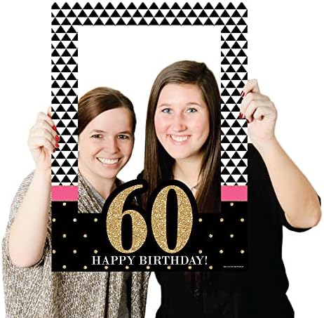 Шик 60 -ти роденден - розова, црна и златна - роденденска забава селфи фото штанд Рамка и реквизити - Печатено на здрав материјал