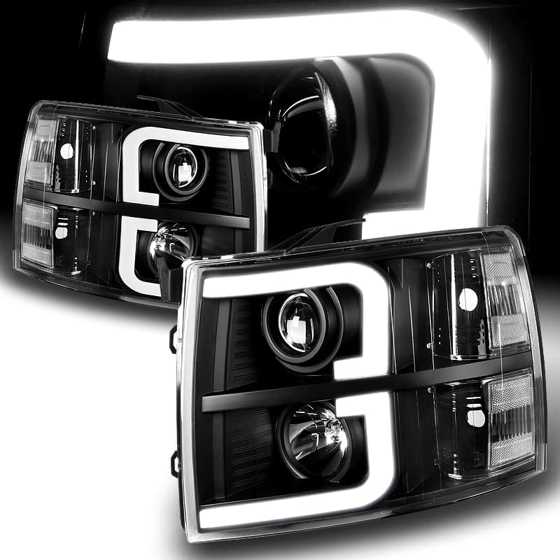 Driftx Перформанси, LED Drl Црна Проектор Фарови w / Јасна рефлектор одговара за компатибилен со 2007-2014 Chevy Silverado, Црна Домување